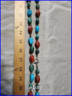Vintage Old Pawn Turquoise/Coral Boulder Bead Style Necklace Handmade Native