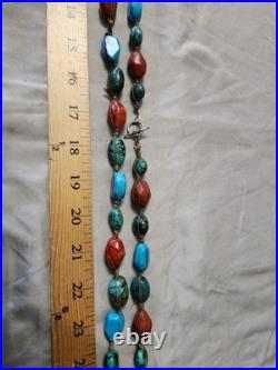 Vintage Old Pawn Turquoise/Coral Boulder Bead Style Necklace Handmade Native