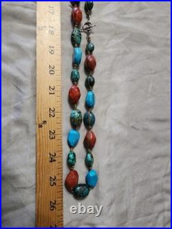 Vintage Old Pawn Turquoise/Coral Boulder Bead Style Necklace Handmade Native