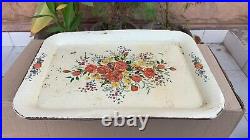 Vintage Old Roses Print Metal Tray Floral On Creamy White Tray Cottage Style