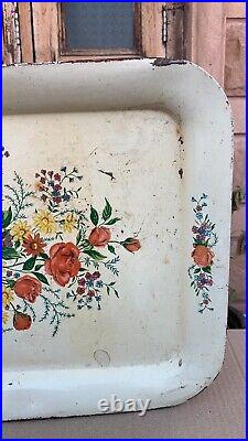 Vintage Old Roses Print Metal Tray Floral On Creamy White Tray Cottage Style