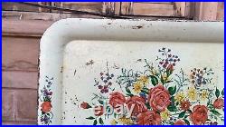 Vintage Old Roses Print Metal Tray Floral On Creamy White Tray Cottage Style