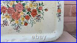 Vintage Old Roses Print Metal Tray Floral On Creamy White Tray Cottage Style