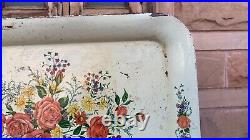 Vintage Old Roses Print Metal Tray Floral On Creamy White Tray Cottage Style