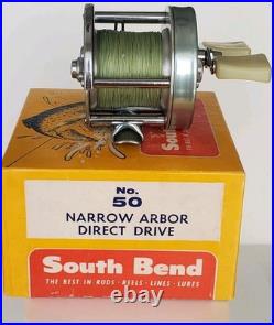 Vintage Old South Bend No 50 Narrow Spool Tournament Style Fishing Reel and Box