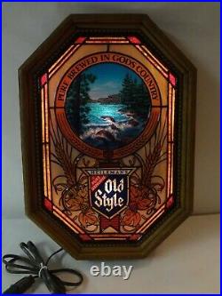 Vintage Old Style Beer Stained Glass River Lighted Motion Sign Heileman