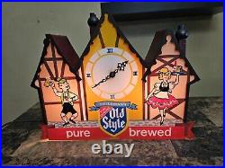 Vintage Old Style Pure Brewed Lighted Beer Sign Clock Bavarian Chalet Rare-works