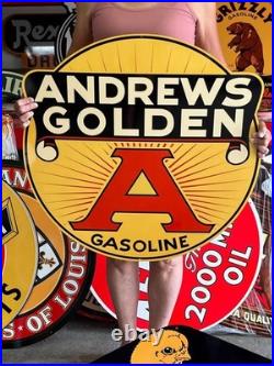 Vintage Old Style Sign Andrews Golden Gasoline NOT Porcelain Made in USA 30x30
