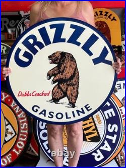 Vintage Old Style Sign Grizzly Gasoline NOT Porcelain Made in USA 30x30