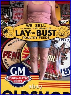 Vintage Old Style Steel Sign Lay Bust Chicken NOT Porcelain Made USA 36x10