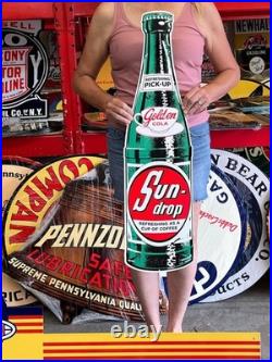 Vintage Old Style Steel Sign Sundrop Soda Bottle NOT Porcelain Made USA 36x10