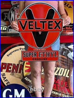 Vintage Old Style Steel Sign Veltex Gasoline NOT Porcelain Made USA 22x16