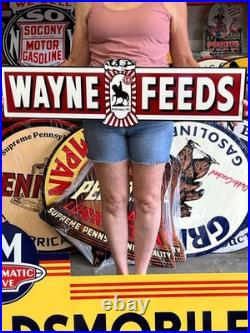 Vintage Old Style Steel Sign Wayne Feeds NOT Porcelain Made USA 36x10