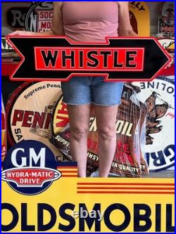 Vintage Old Style Steel Sign Whistle Soda Arrow NOT Porcelain Made USA 36x10