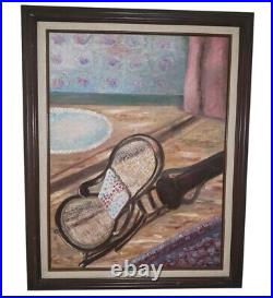 Vintage Original Oil On Canvas Painting Rocking Chair Carpets In Old Style Home