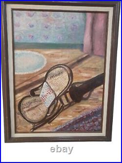 Vintage Original Oil On Canvas Painting Rocking Chair Carpets In Old Style Home