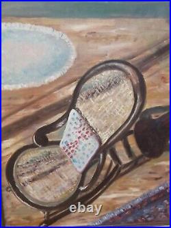 Vintage Original Oil On Canvas Painting Rocking Chair Carpets In Old Style Home