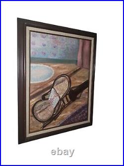 Vintage Original Oil On Canvas Painting Rocking Chair Carpets In Old Style Home