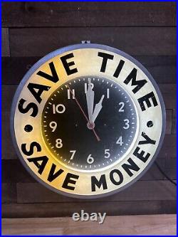 Vintage Save Time Save Money Old Style Light Up Wall Clock Working