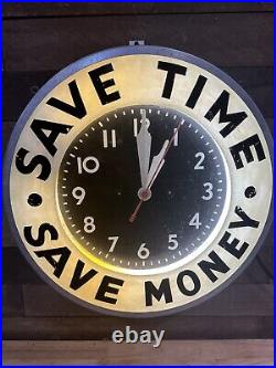 Vintage Save Time Save Money Old Style Light Up Wall Clock Working
