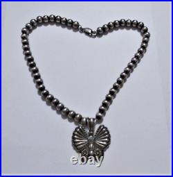 Vintage Southwestern Old Pawn Style Butterfly Pendant Silver Pearls Necklace