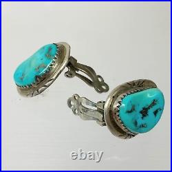 Vintage Southwestern Old Style Morenci Turquoise Cabochon Clip-On Earrings 8.2g