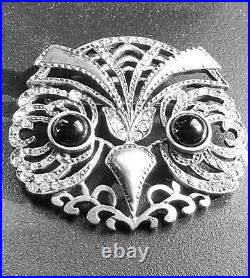 Vintage Style Owl Face Design With Old Mine Cut CZ & Black Onyx Eyes Fine Brooch