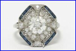 Vintage Style Ring Old Mine Cut 925 Sterling Silver Blue Baguette White Round CZ