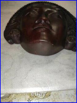 Vintage Wood Face Woman Young Portrait Engraved African Style Rare Old 20th