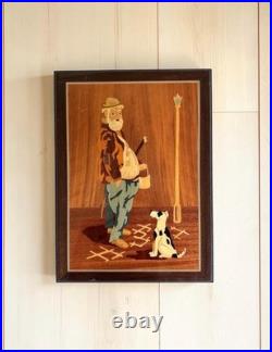 Vintage Wood Inlay Marquetry Wall Art, Old Man Dog Street Scene, Sorrento Style