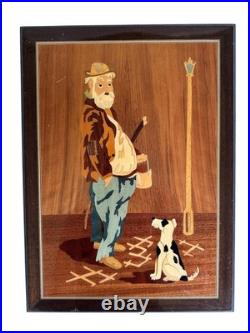 Vintage Wood Inlay Marquetry Wall Art, Old Man Dog Street Scene, Sorrento Style