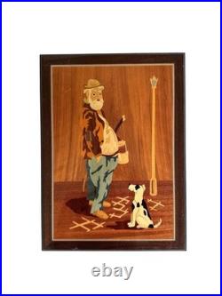 Vintage Wood Inlay Marquetry Wall Art, Old Man Dog Street Scene, Sorrento Style