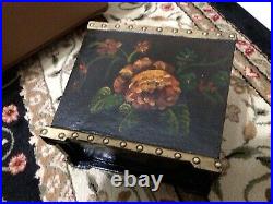 Vintage Wood/Leather /Brass Tole Hand Painted Wastebasket Old Master Style