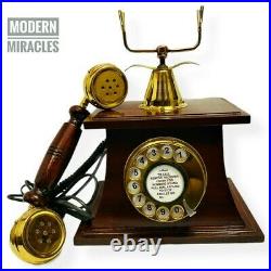 Vintage Wooden Telephone Victorian Nautical Brass Rotary Etching Old Style