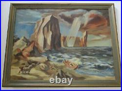 Vintage Wpa Style Oil Painting Beach Workers Nautical Ship Coast Regionalism Old