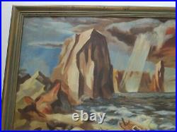 Vintage Wpa Style Oil Painting Beach Workers Nautical Ship Coast Regionalism Old