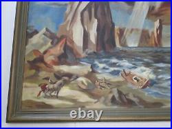 Vintage Wpa Style Oil Painting Beach Workers Nautical Ship Coast Regionalism Old