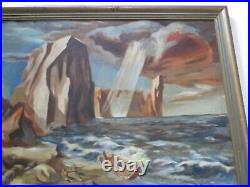 Vintage Wpa Style Oil Painting Beach Workers Nautical Ship Coast Regionalism Old