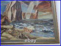 Vintage Wpa Style Oil Painting Beach Workers Nautical Ship Coast Regionalism Old