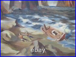 Vintage Wpa Style Oil Painting Beach Workers Nautical Ship Coast Regionalism Old