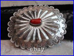 Vtg Native American OLD STYLE Sterling Repousse Stamped CORAL CONCHO Belt Buckle