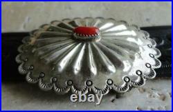 Vtg Navajo OLD STYLE Sterling Silver Repousse Stamped CORAL CONCHO Belt Buckle