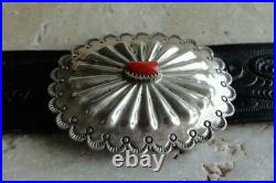 Vtg Navajo OLD STYLE Sterling Silver Repousse Stamped CORAL CONCHO Belt Buckle