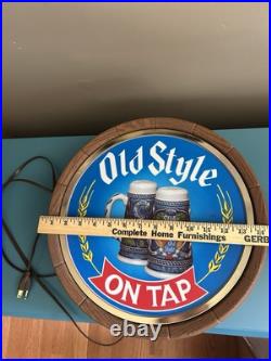 WORKS Vintage 1983 Old Style Beer Round Barrel Lighted Wall Hanging Sign Stein WORKS Vintage 1983 Old Style Beer Round Barrel Lighted Wall Hanging Sign Stein
