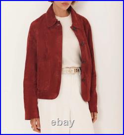 Women's Red Suede Leather Jacket Vintage Style Classic Old Money Soft Suede Coat Women's Red Suede Leather Jacket Vintage Style Classic Old Money Soft Suede Coat